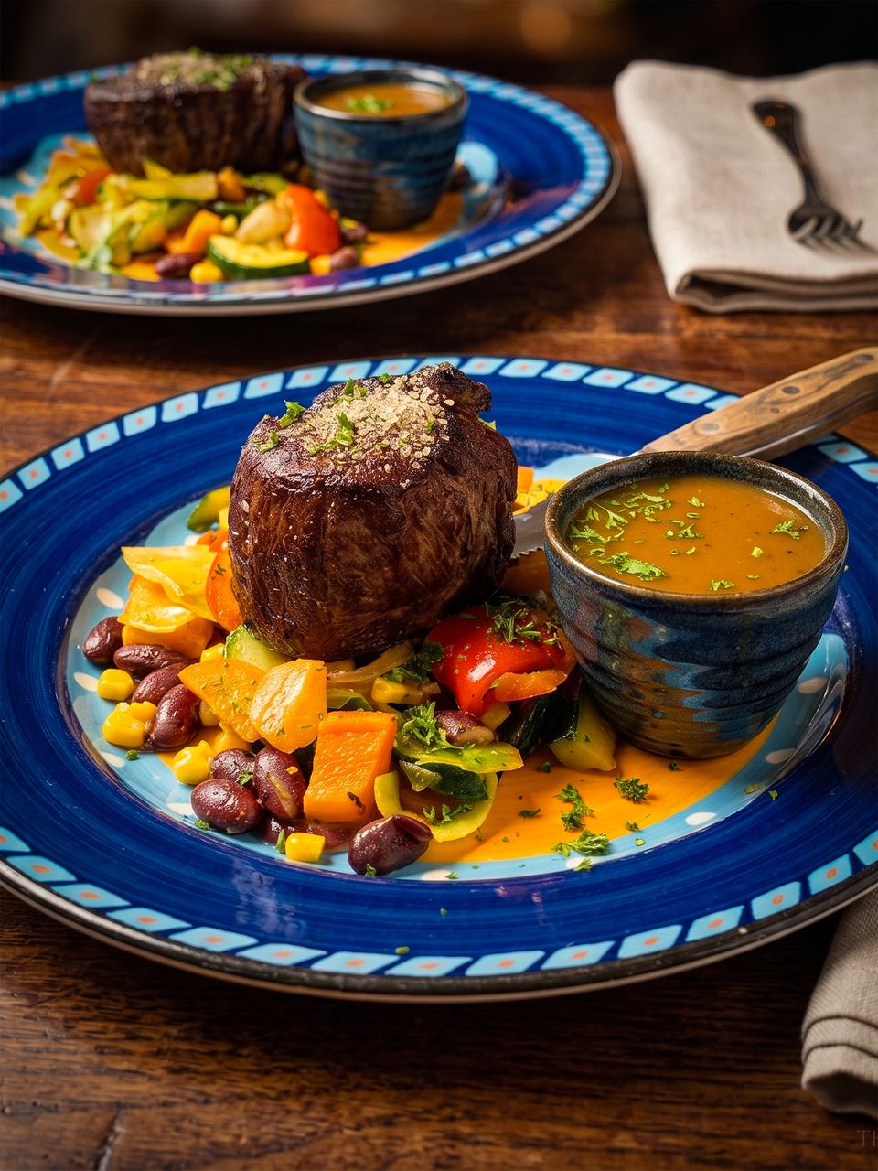 Filetsteak vom Angus-Rind mit Beilagen auf blauem Teller
