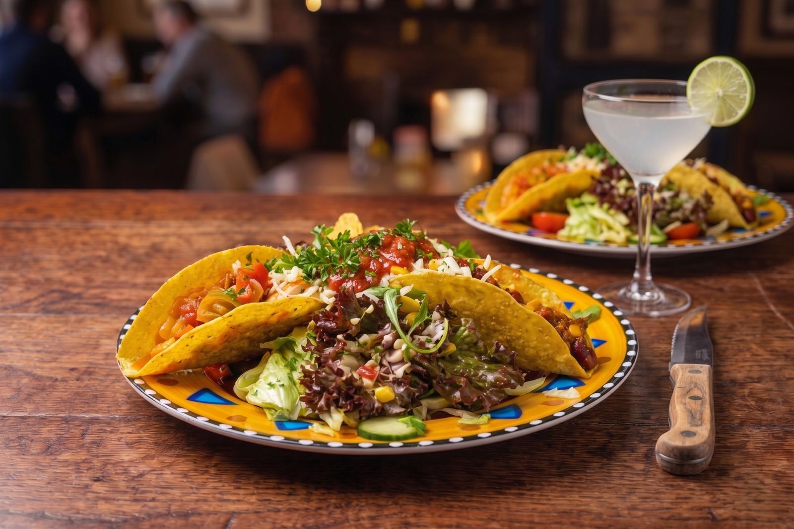 Tacos Combinadas mit Salat und Käse auf gelbem Teller
